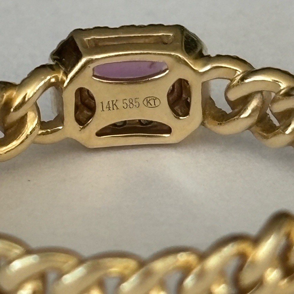 14 KT Gold Chain-Link Ring with Pink Emerald-Cut Sapphire Diamond Halo 6.5 - Picture 4 of 8